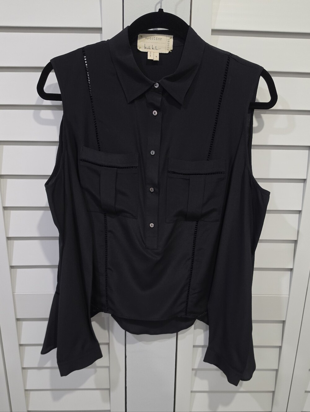 NWOT Nicole Miller Artelier Silk Cold Shoulder Half Button Blouse Eyelet Accents